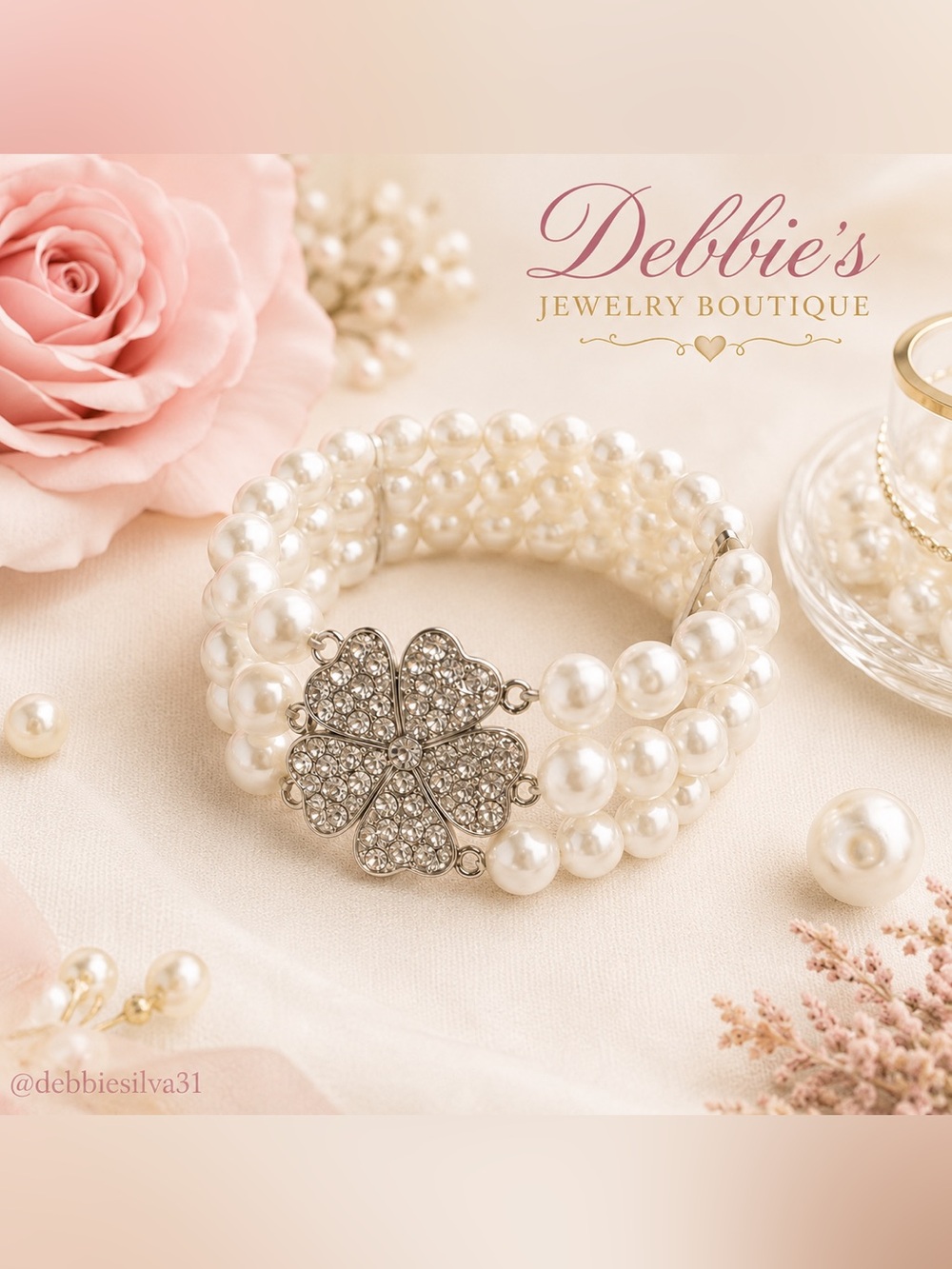 NEW Faux Pearl Triple Strand Stretch Bracelet Rhinestone Clover Bling